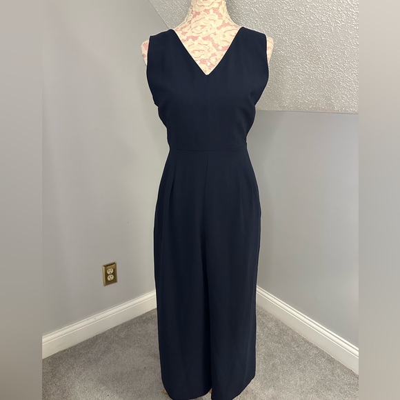 EUC J. Crew Faux Wrap Cutout Back Poplin Wide Leg Cropped Jumpsuit size 10 Navy - Picture 2 of 10